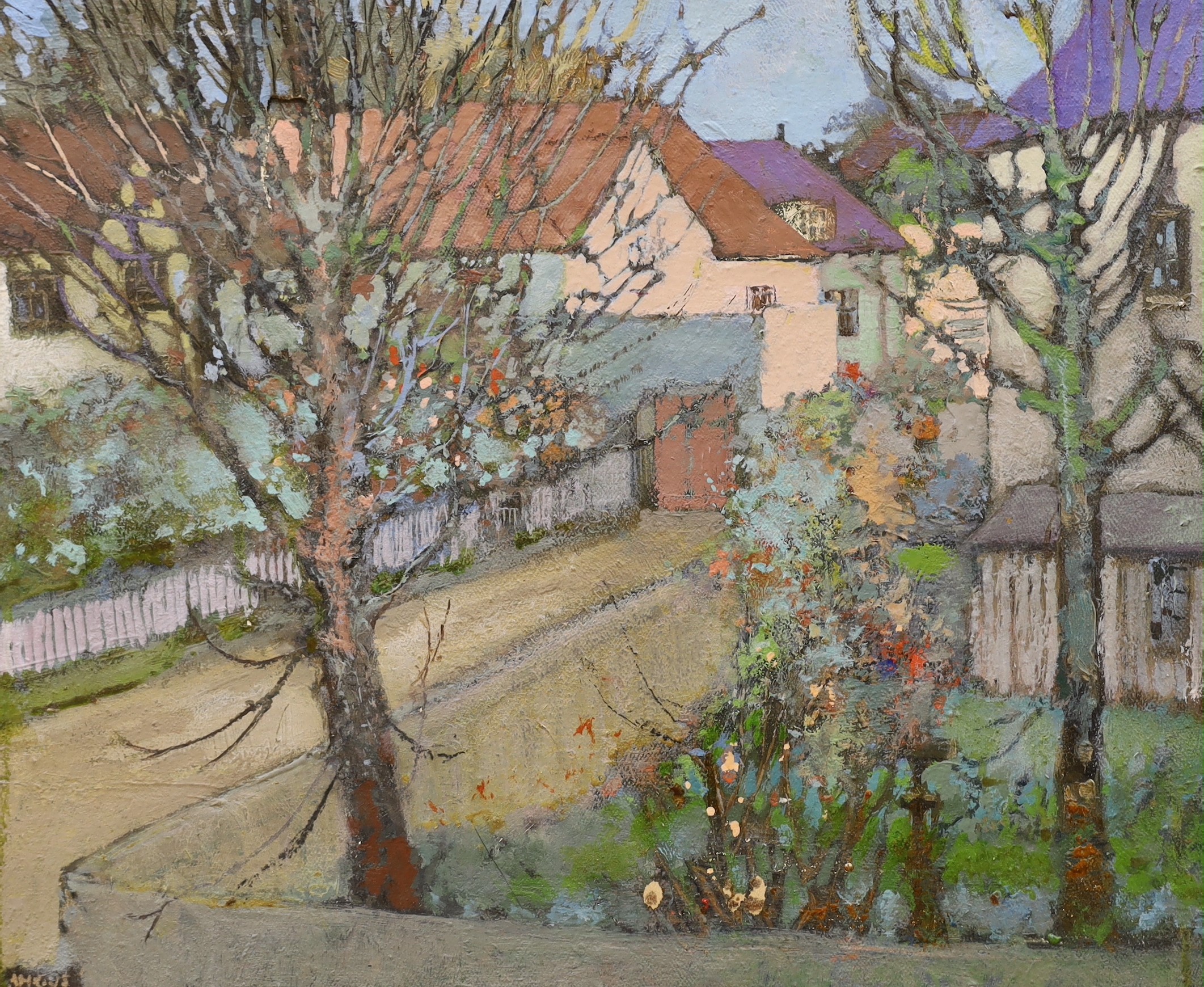 Angus Scott (1909-2003), oil on canvas, Street scene, signed, 38 x 46cm, unframed